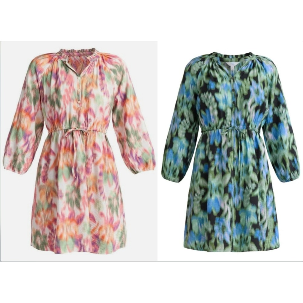 LOT/2 NWT Time &Tru V-NECK MINI DRESS Pink&Blue/Green Ikat Print XXL-XXXL 20-22
